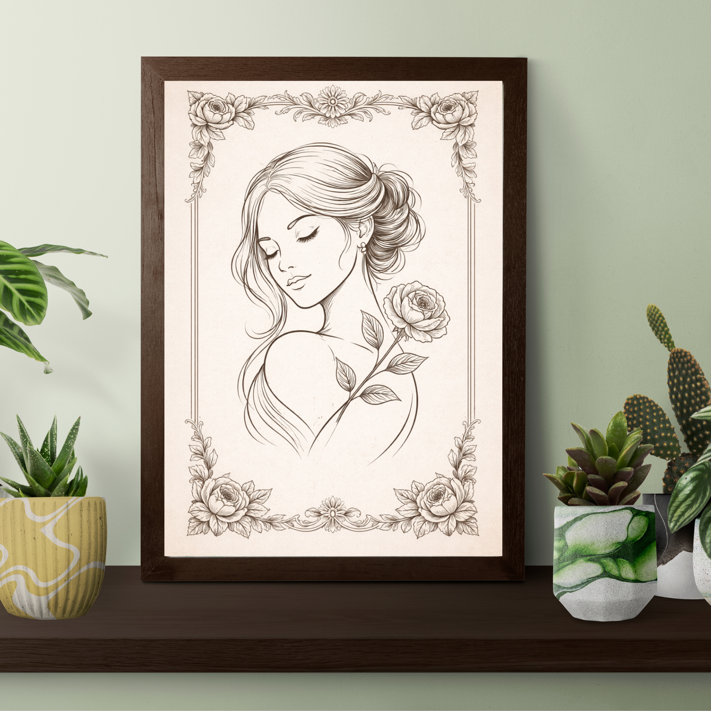 Vintage Floral Woman Line Art – Elegant Wall Art