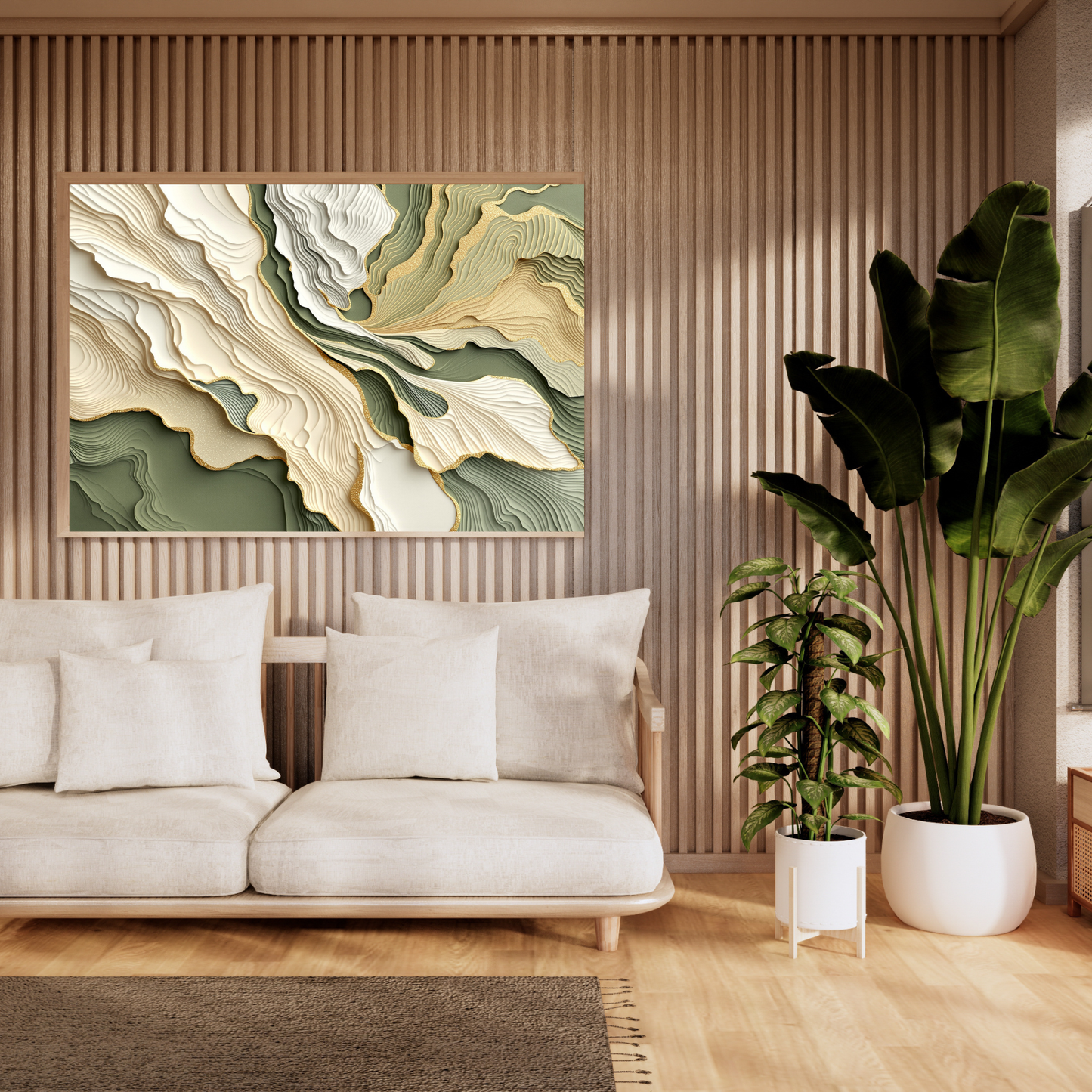 Sage & Gold Horizon – Layered Abstract Canvas Wall Art for Modern Interiors