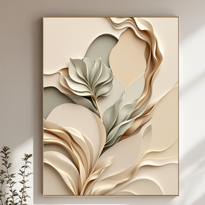 Abstract art piece with wavy lines and leaves on a neutral background