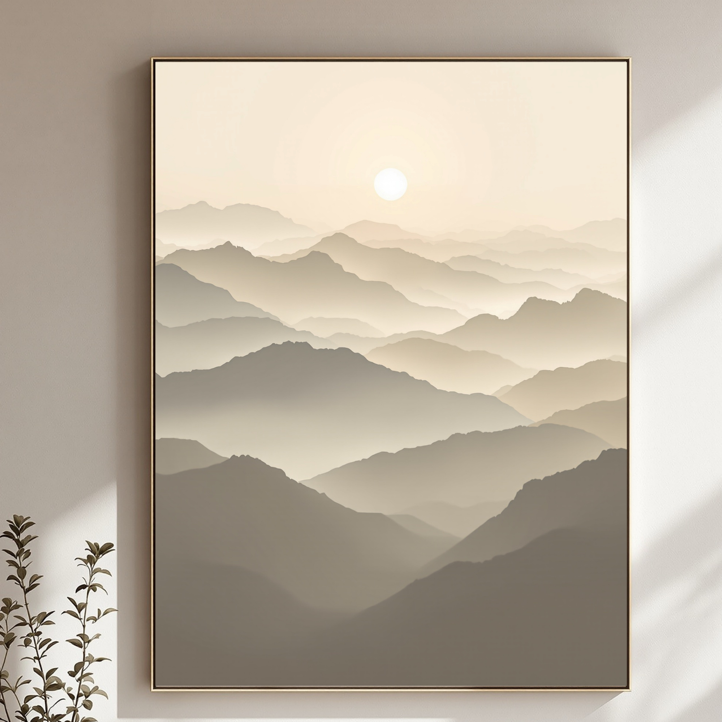Framed artwork of mountain landscape on a wall