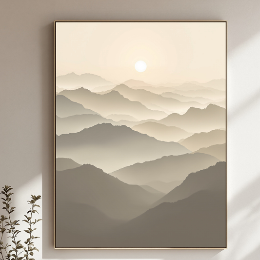 Framed artwork of mountain landscape on a wall