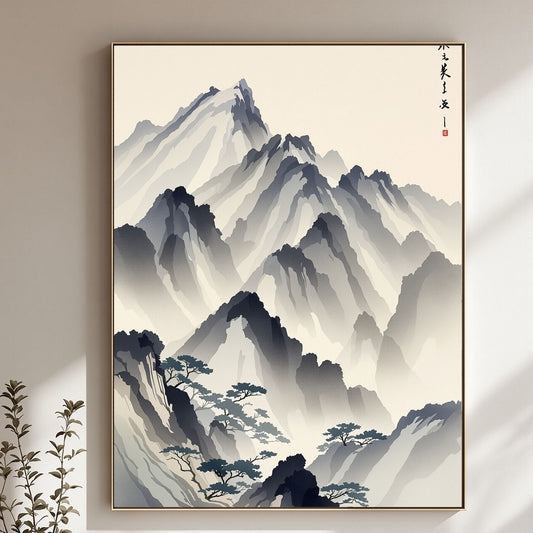 Whispering Peaks – Traditional Japanese Mountain Fine Art Poster