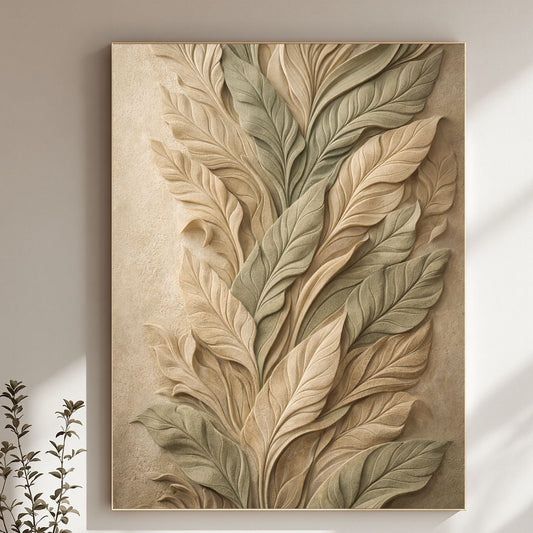 Sculpted Botanical Relief Canvas Art – Sage & Sand Textured Luxury Wall Decor