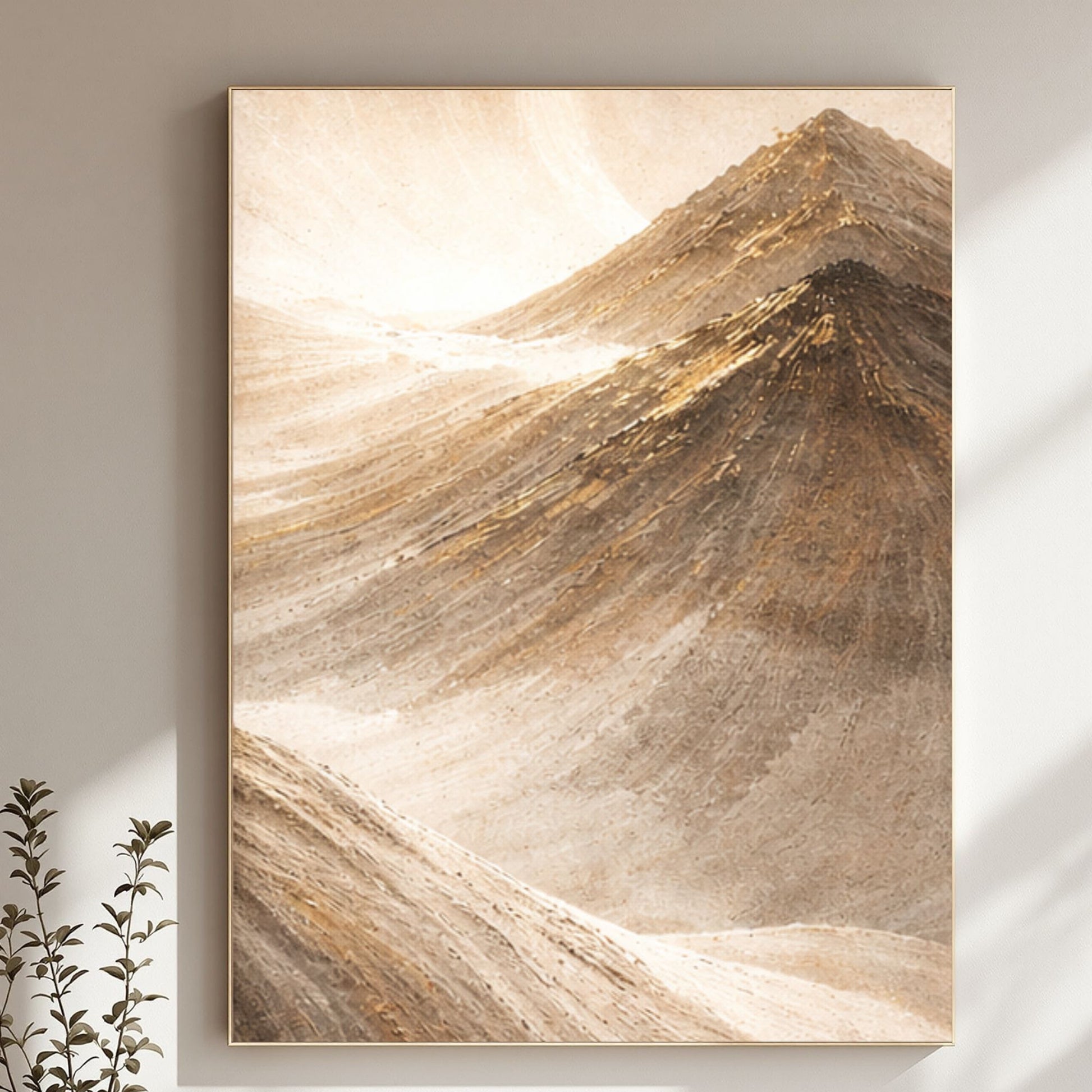 Framed abstract mountain landscape painting on a wall.