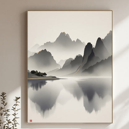 Golden Horizon – Japanese Mist Lake Fine Art Poster