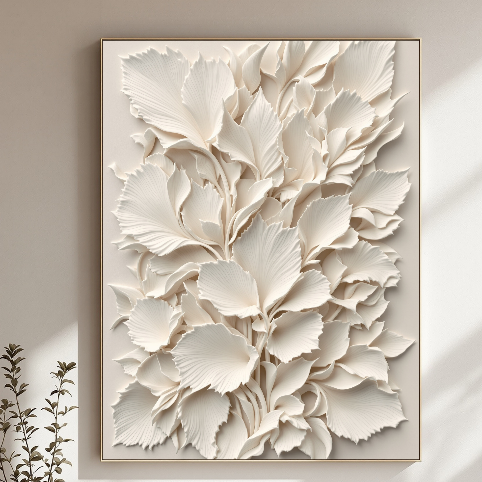 Decorative wall art with white floral design on a beige background