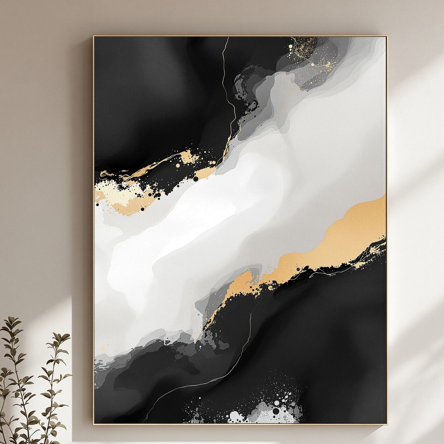 Black & White Gold Abstract Canvas Wall Art – Luxury Minimalist Statement
