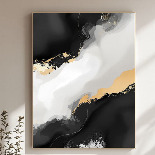 Black & White Gold Abstract Canvas Wall Art – Luxury Minimalist Statement