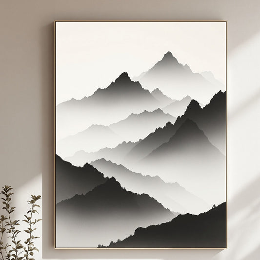 Misty Mountain Horizon Fine Art Poster – Japanese Sumi-E Style, Vivid Giclée Print