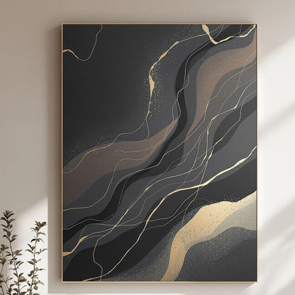Midnight Veins Luxury Black & Gold Abstract Canvas Wall Art - Premium Textured Print