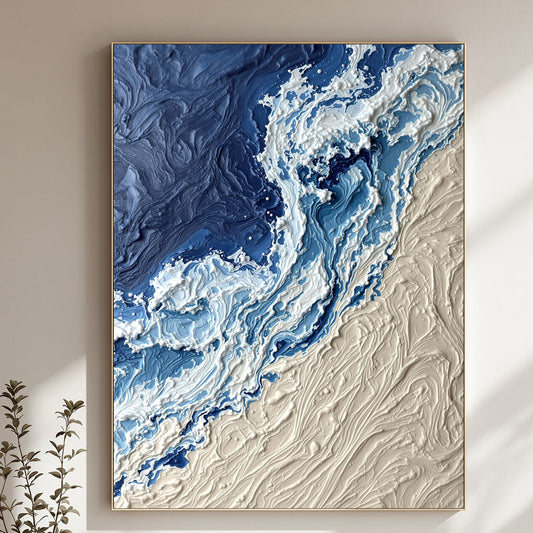Luxury Navy & Sand Ocean Wave Canvas Wall Art – Modern Coastal Abstract Textured Wall Decor