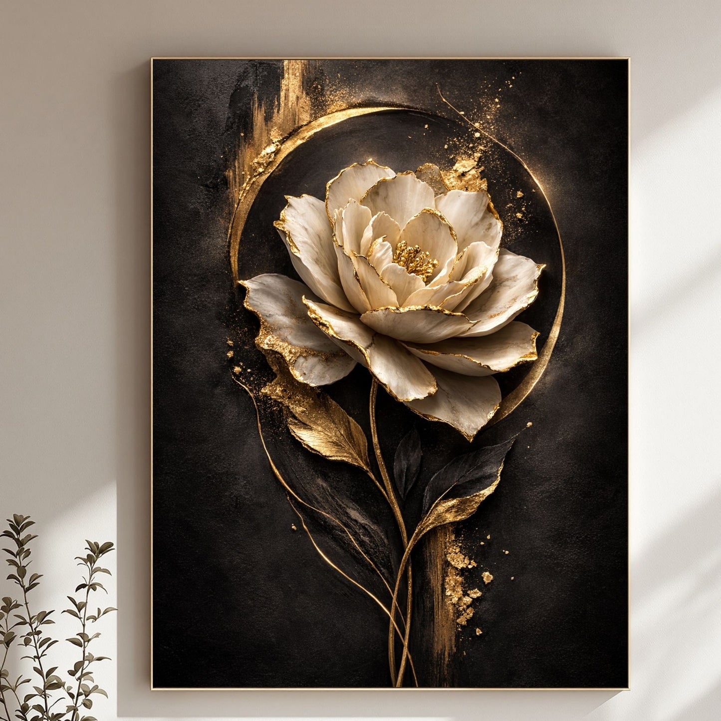 Luxury Black & Gold Floral Canvas Wall Art – Botanical Statement Decor, Premium Print
