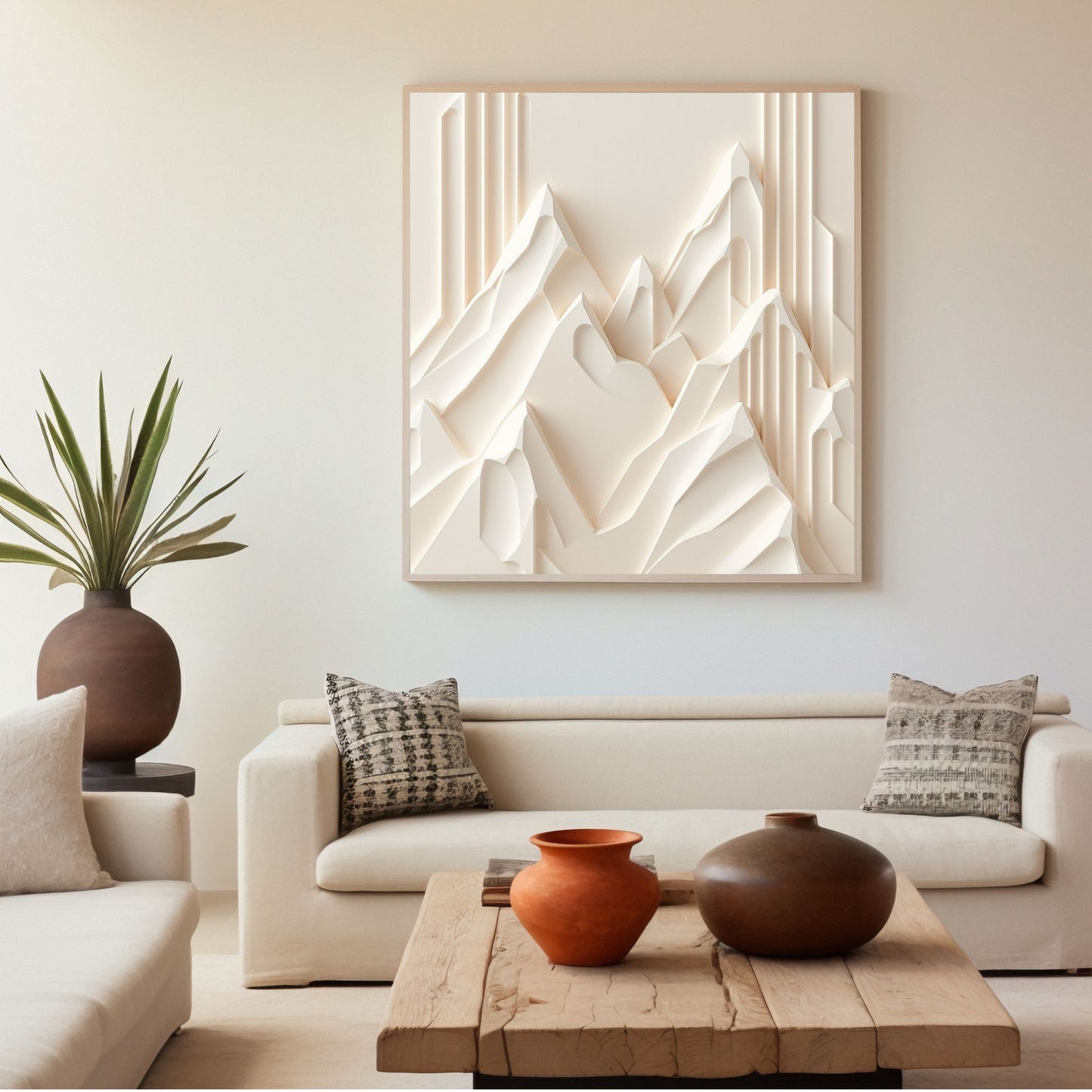 Ivory Geometric Peaks Canvas Wall Art – Minimal Sculpted Mountain Design in Soft Beige Tones