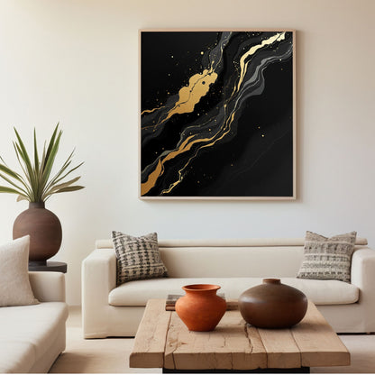 Golden Flow – Luxury Black & Gold Abstract Canvas Wall Art
