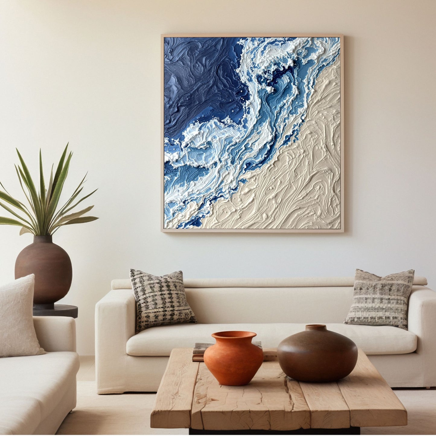 Luxury Navy & Sand Ocean Wave Canvas Wall Art – Modern Coastal Abstract Textured Wall Decor