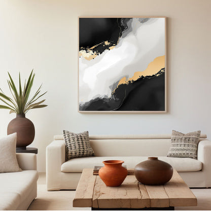 Black & White Gold Abstract Canvas Wall Art – Luxury Minimalist Statement