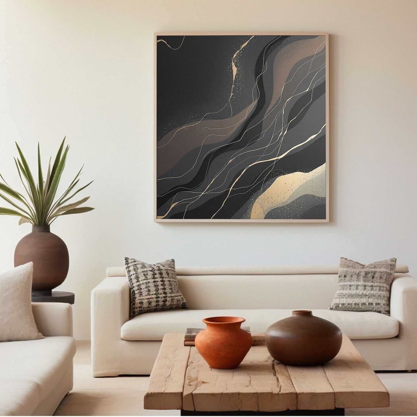 Midnight Veins Luxury Black & Gold Abstract Canvas Wall Art - Premium Textured Print