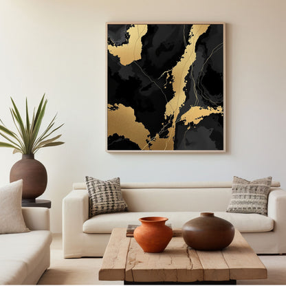 Golden Obsidian Flow Luxury Abstract Canvas Art - Black & Gold Wall Decor