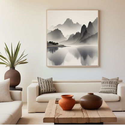 Golden Horizon – Japanese Mist Lake Fine Art Poster