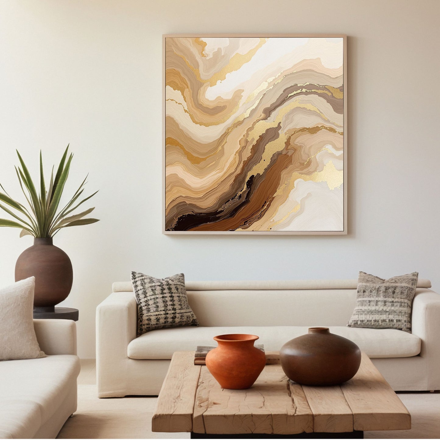 Golden Marble Flow Canvas Wall Art – Luxury Abstract in Beige & Caramel Tones