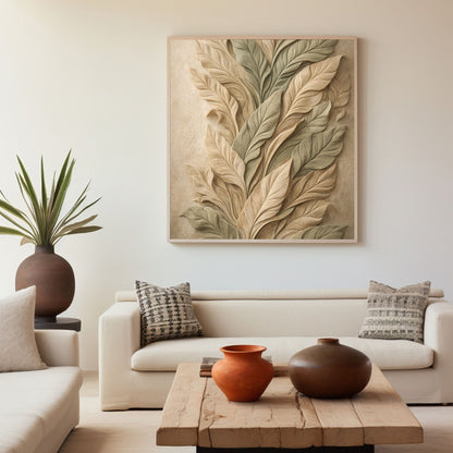Sculpted Botanical Relief Canvas Art – Sage & Sand Textured Luxury Wall Decor