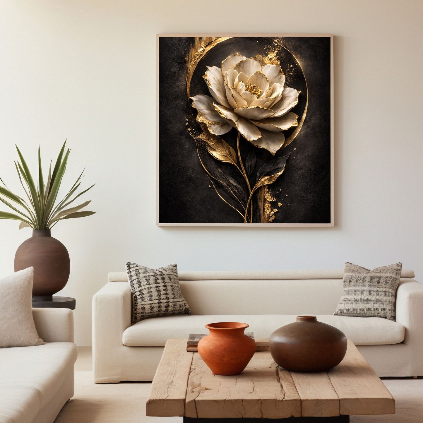 Luxury Black & Gold Floral Canvas Wall Art – Botanical Statement Decor, Premium Print