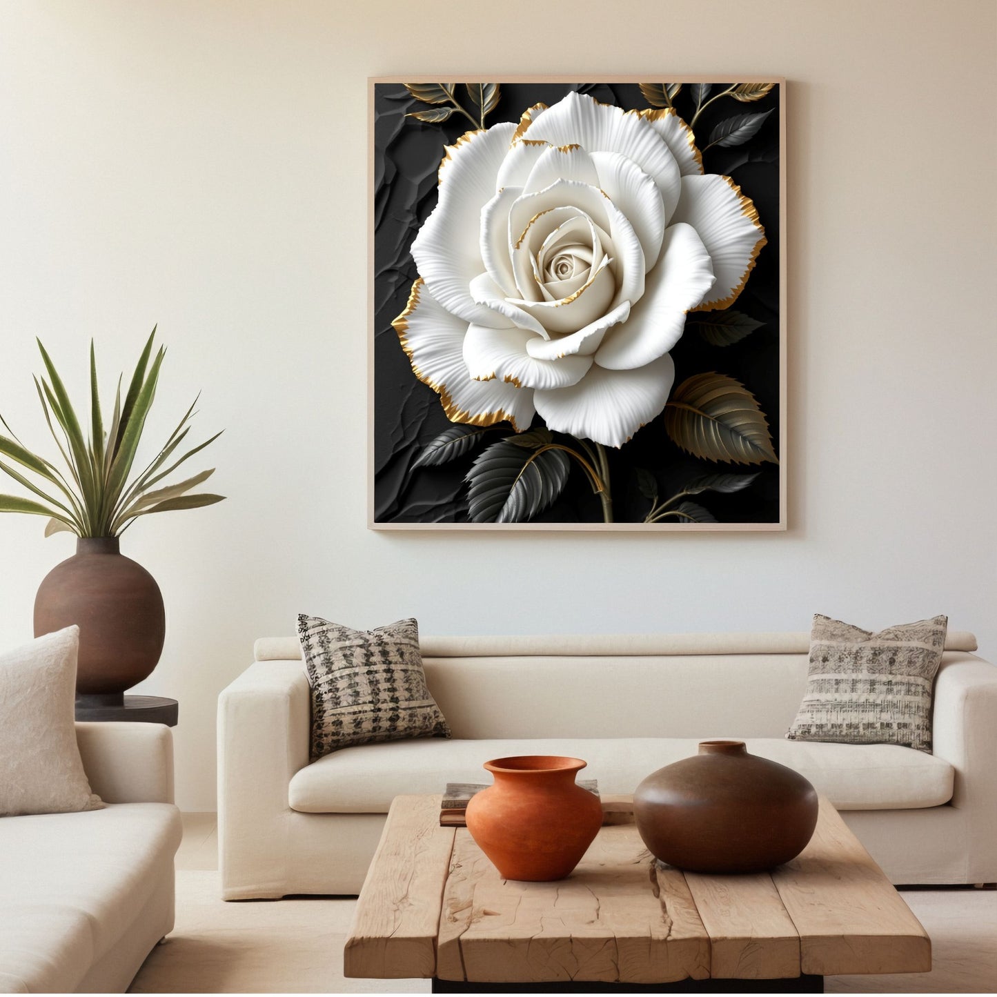 Ivory Noir Rose – Luxury Black & Gold Floral Canvas Wall Art
