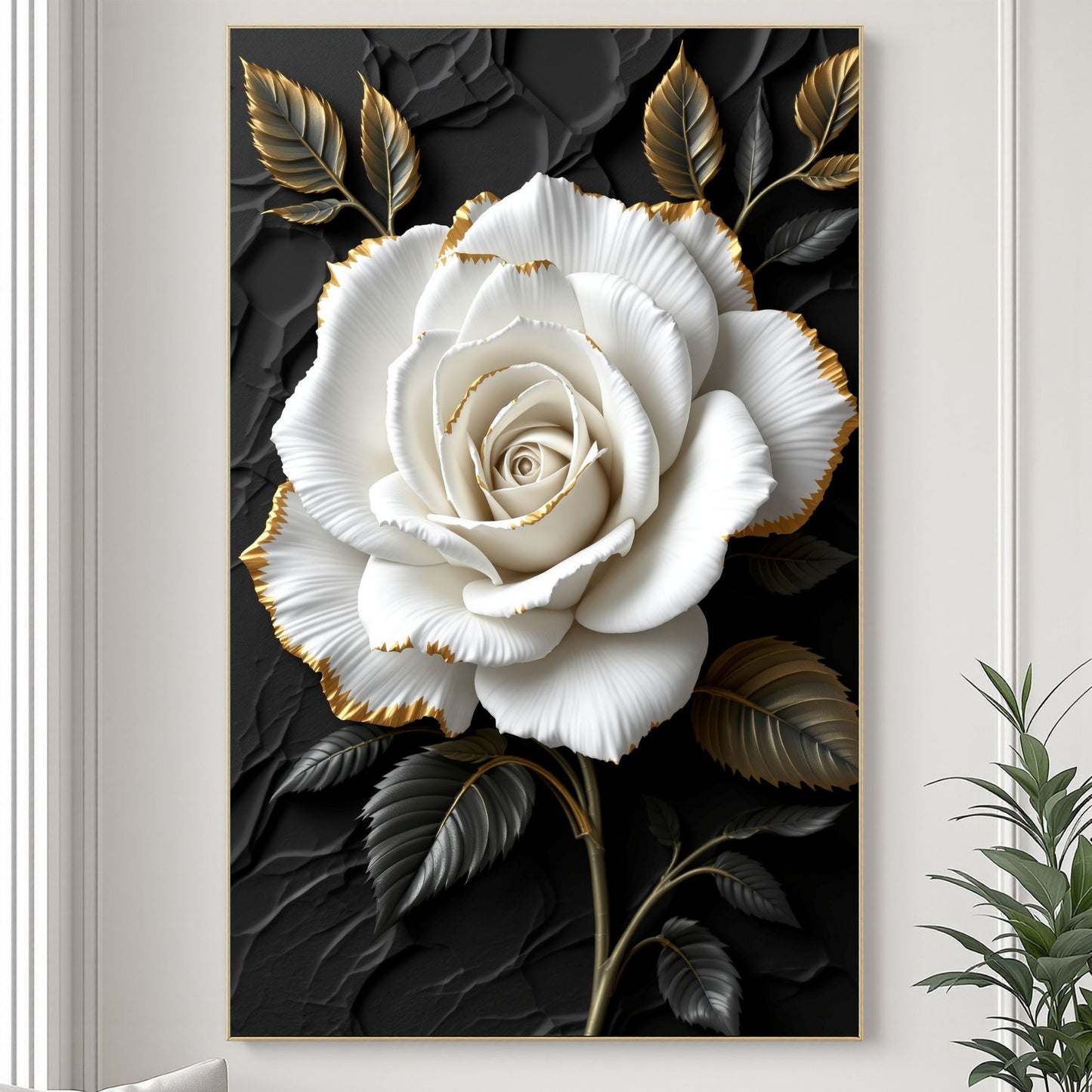 Ivory Noir Rose – Luxury Black & Gold Floral Canvas Wall Art