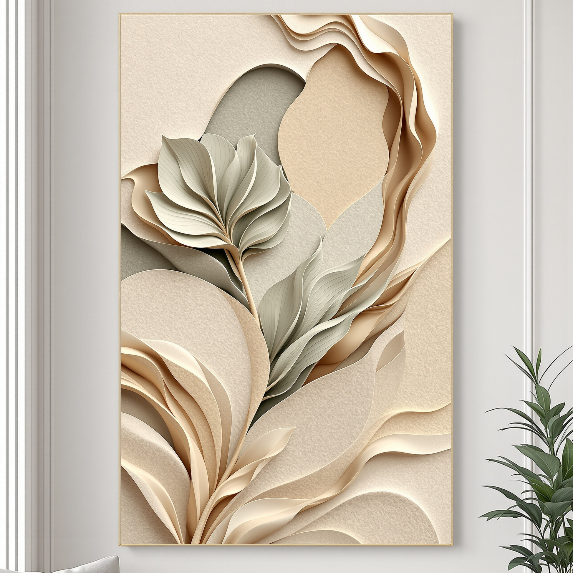 Decorative wall art with abstract leaf design in beige and green on a light gray background
