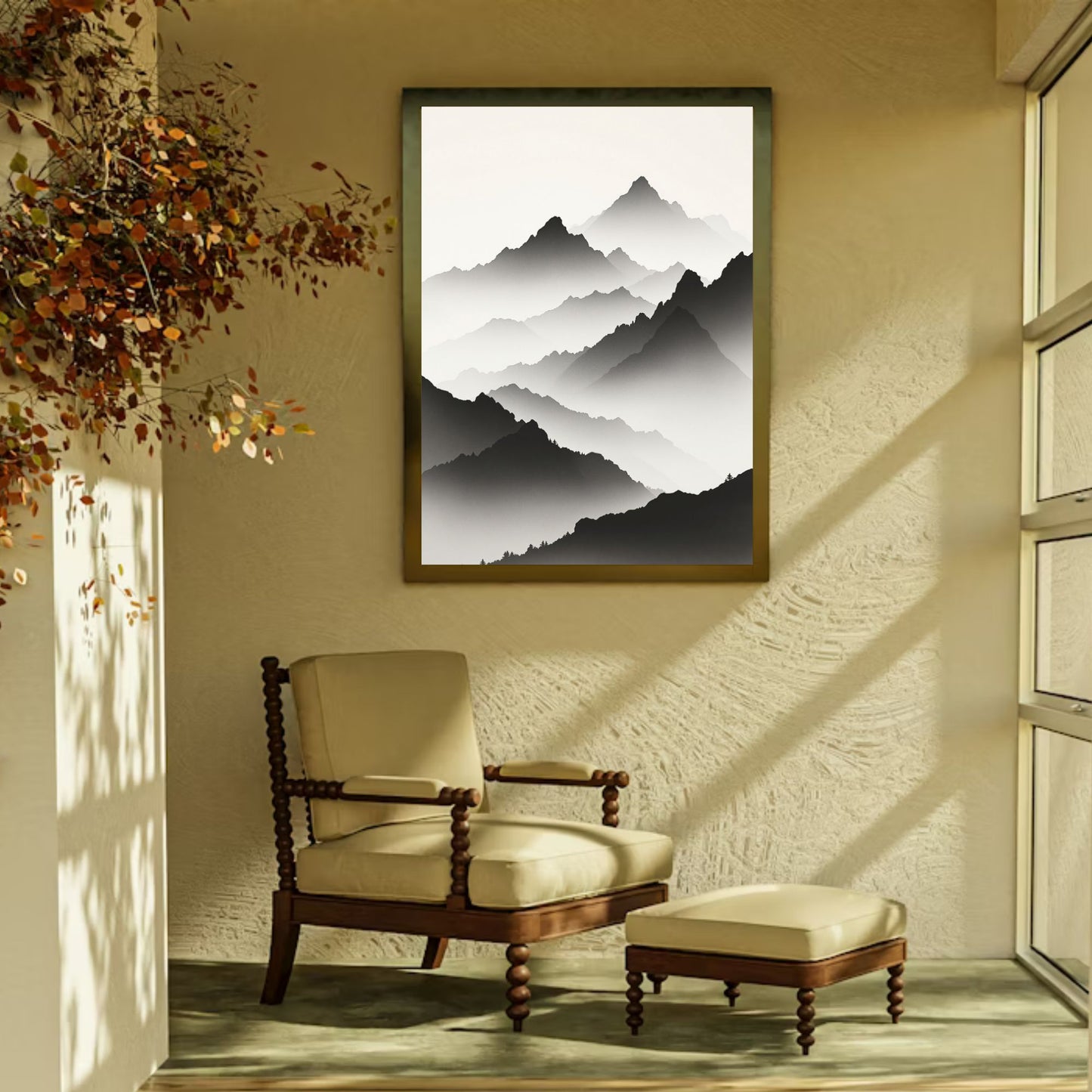 Misty Mountain Horizon Fine Art Poster – Japanese Sumi-E Style, Vivid Giclée Print