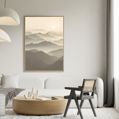 Modern living room with a mountain landscape painting, wooden coffee table, and chair.