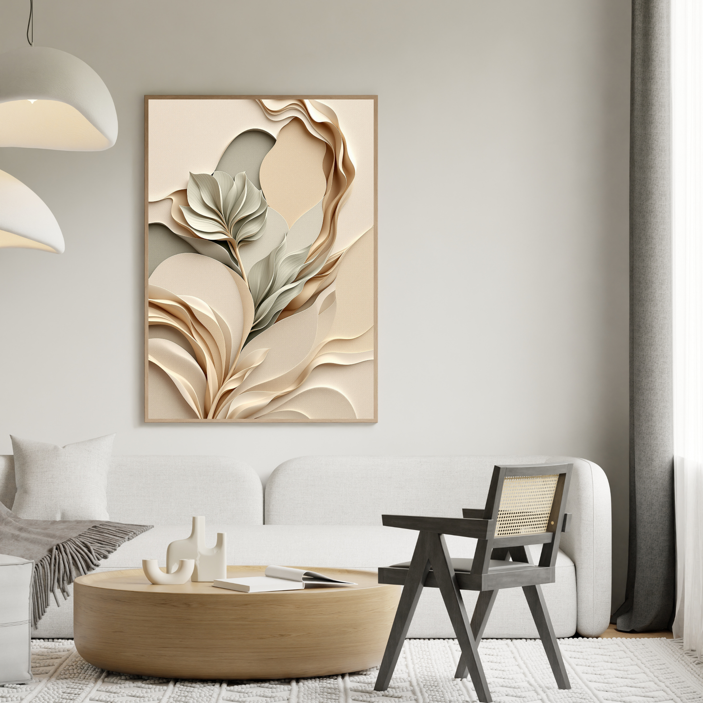 Modern living room with abstract leaf artwork on the wall, white sofa, wooden coffee table, and chair.