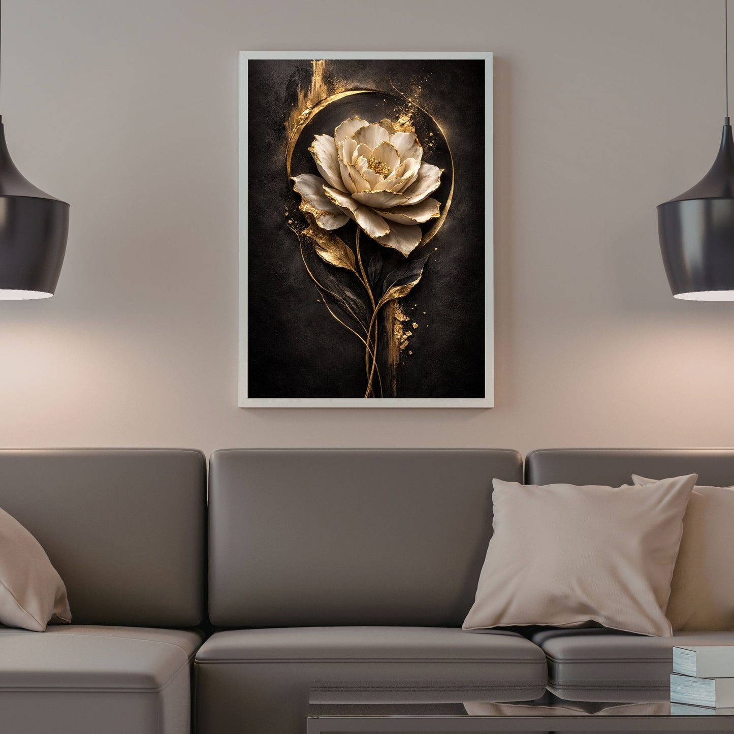 Luxury Black & Gold Floral Canvas Wall Art – Botanical Statement Decor, Premium Print