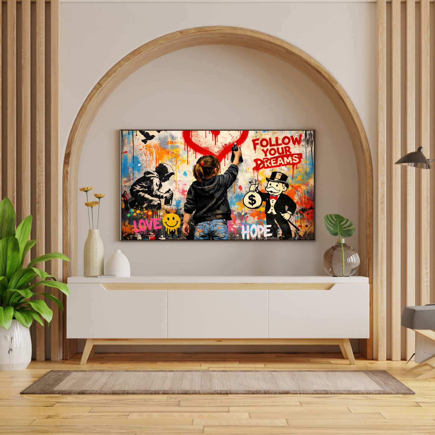 Colorful abstract painting on a wall in a modern living room.