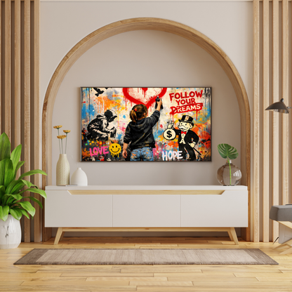 Colorful abstract painting on a wall in a modern living room.