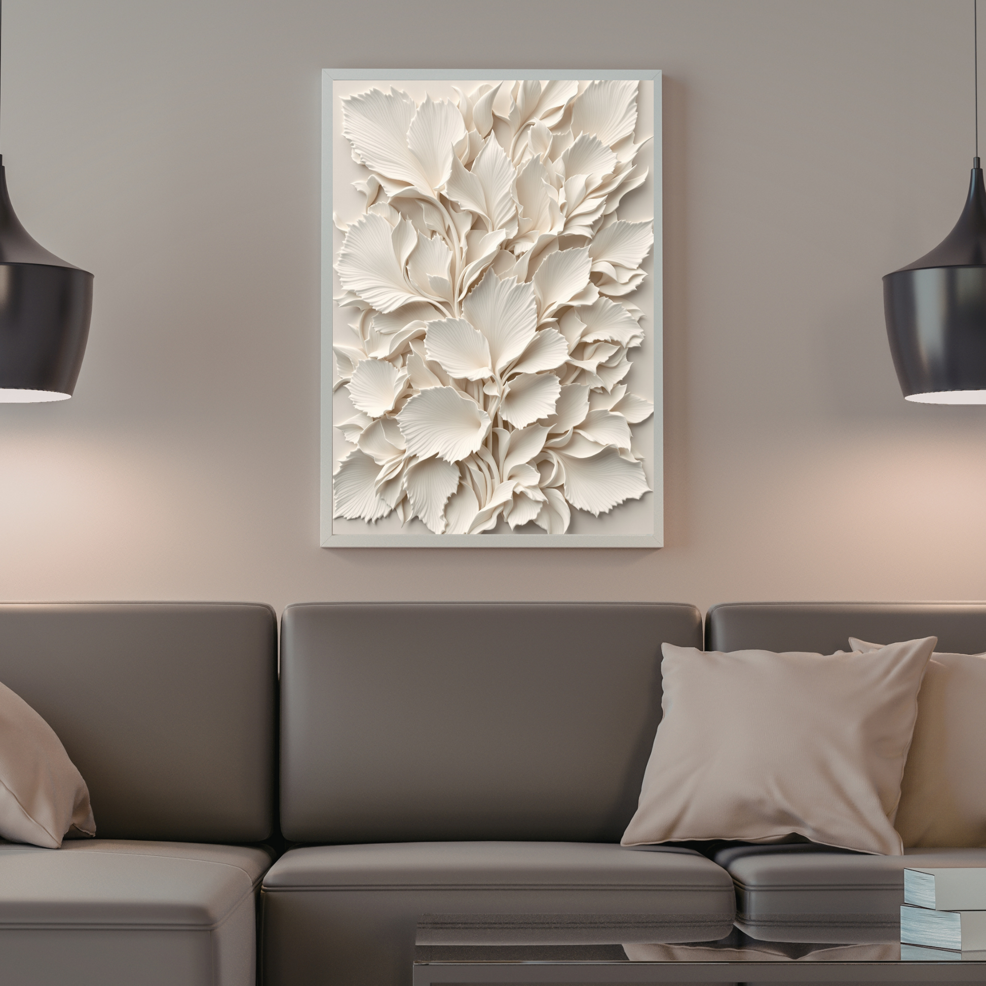 Decorative wall art above a gray sofa in a living room setting