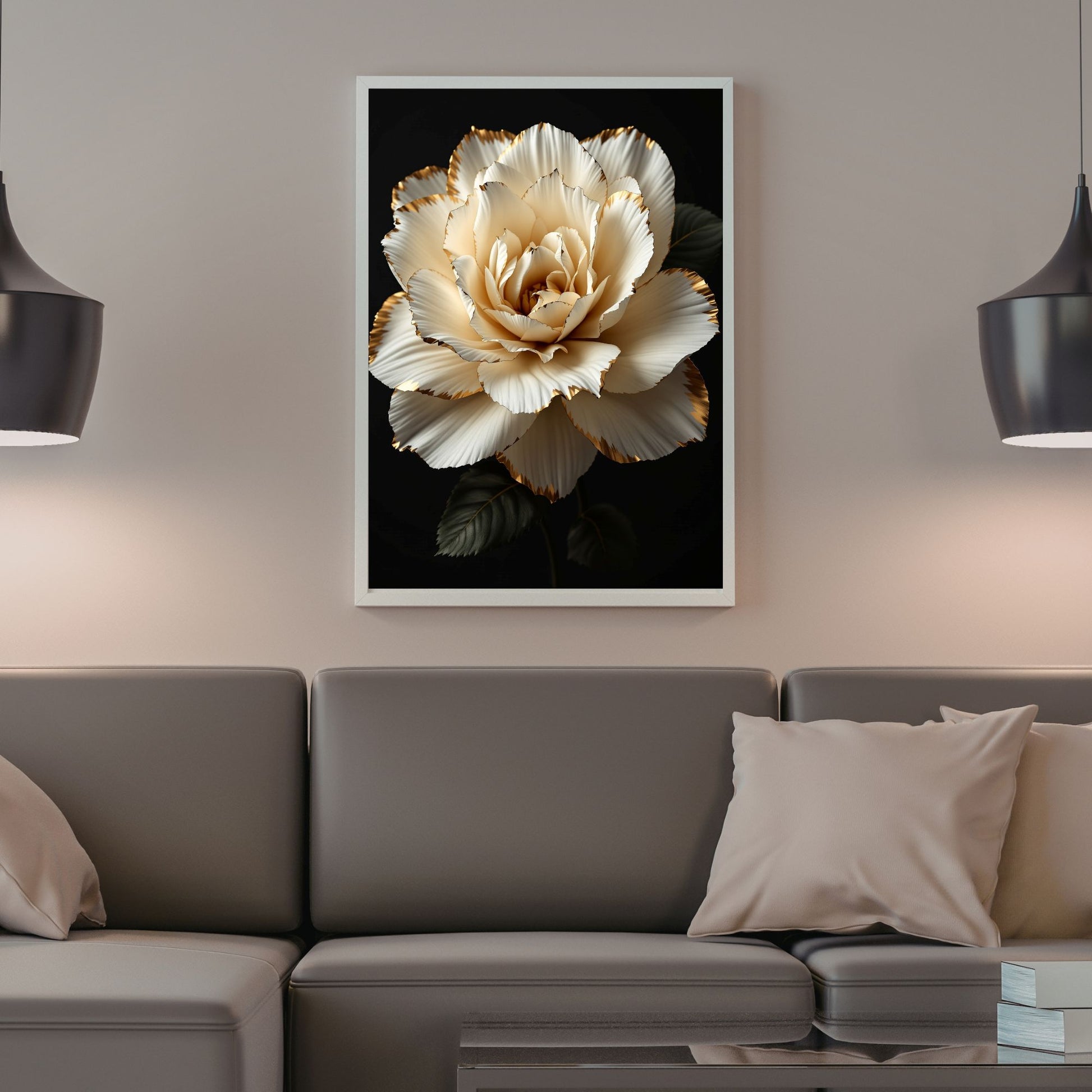 Framed floral artwork on a wall above a gray sofa.