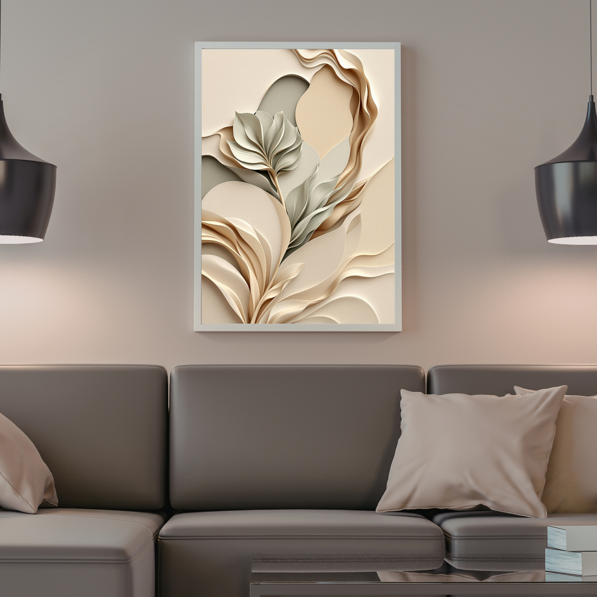 Decorative wall art above a gray sofa in a living room setting.