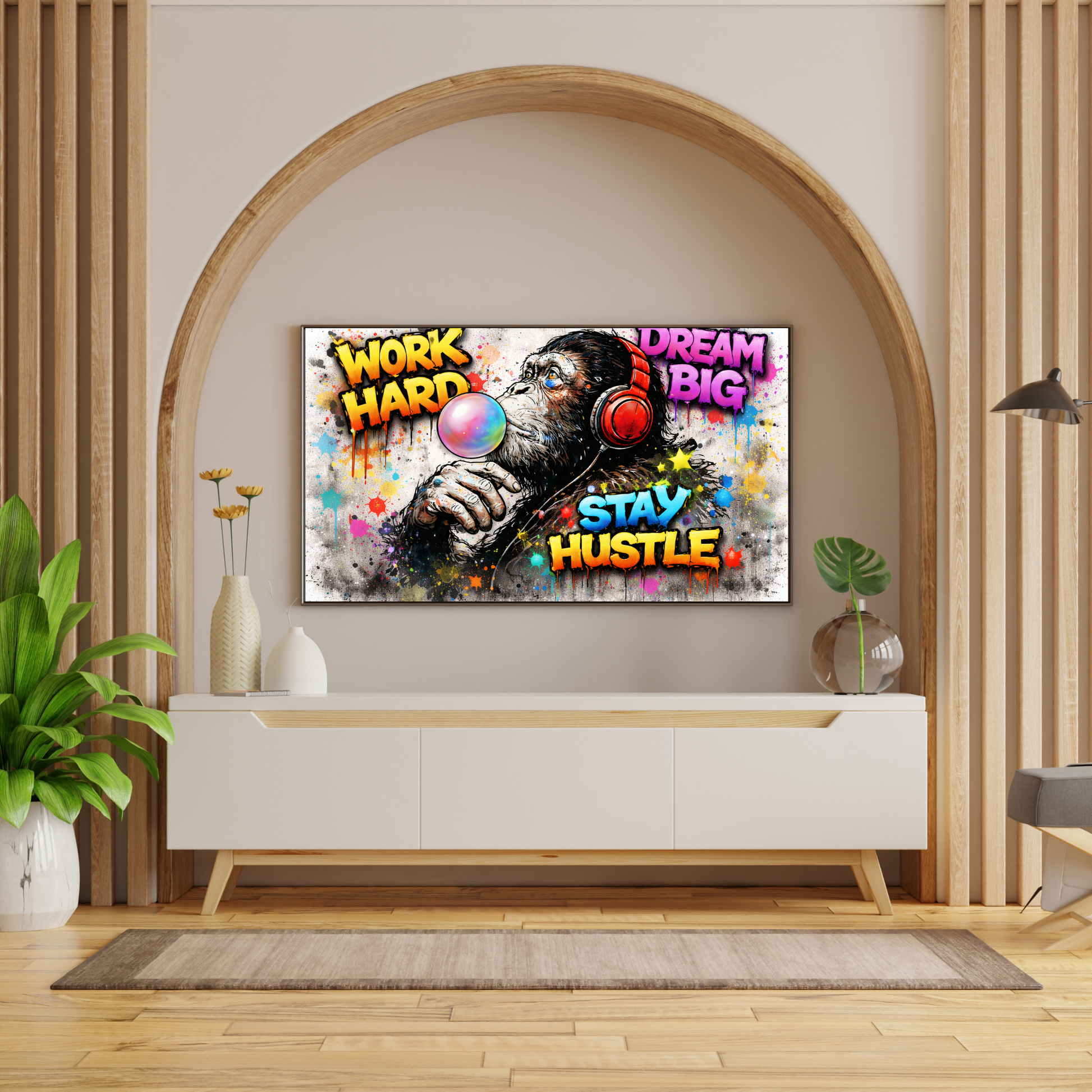 Decorative wall art with motivational phrases in a modern living room setting.