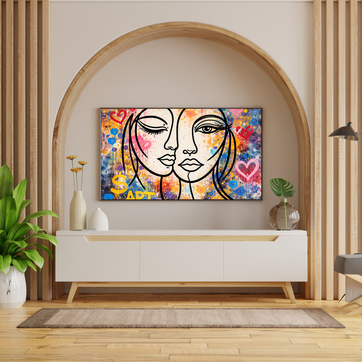 Colorful abstract wall art piece on a wall above a white cabinet with wooden legs.