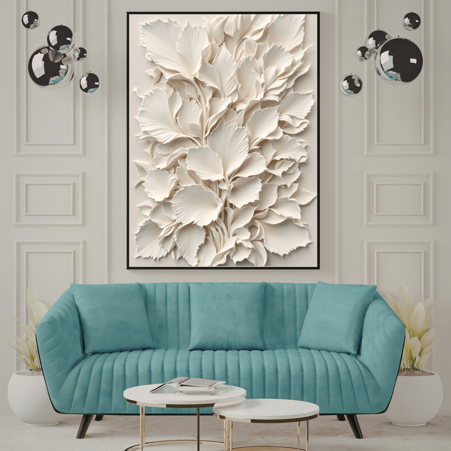 White Floral 3D Canvas Wall Art – Luxury Minimalist Botanical Wall Decor