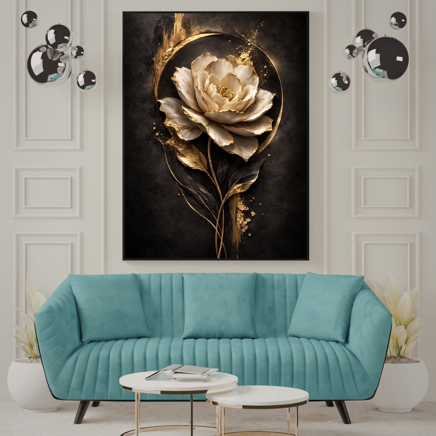 Luxury Black & Gold Floral Canvas Wall Art – Botanical Statement Decor, Premium Print