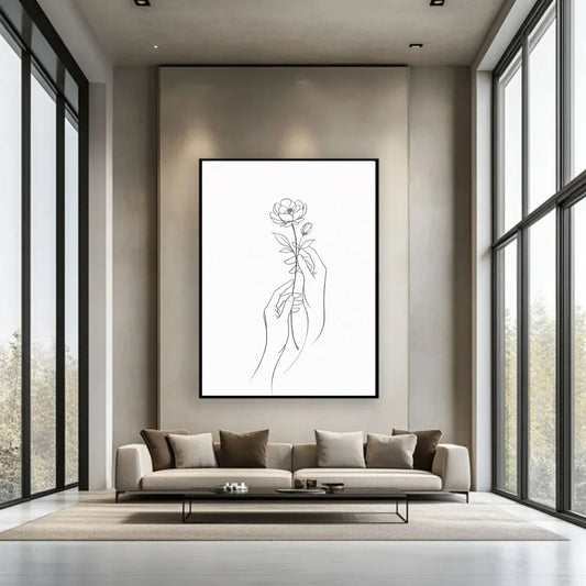 Minimalist Hands Holding Flower Line Art – Modern Fine Art Wall poster