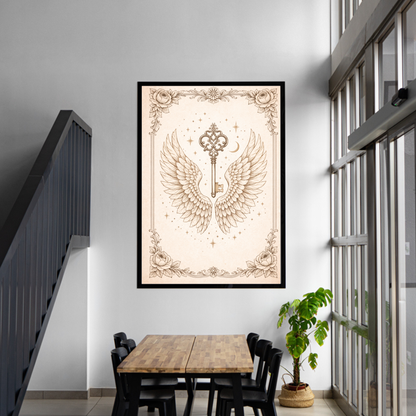 Celestial Key Fine Art Poster – Vintage Angel Wings & Symbolic Wall Art