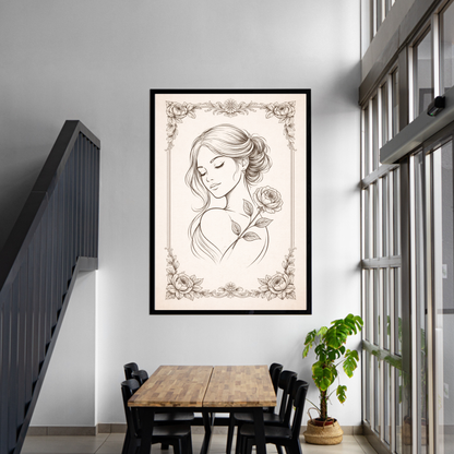 Vintage Floral Woman Line Art – Elegant  Wall Art