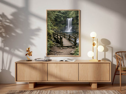 Quiet Crossing – Forest Bridge & Waterfall Fine Art Wall Art, Calm Nature Landscape