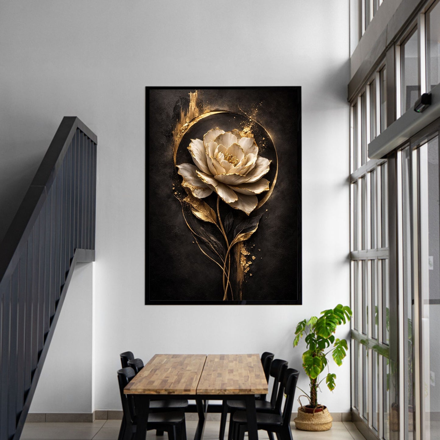 Luxury Black & Gold Floral Canvas Wall Art – Botanical Statement Decor, Premium Print