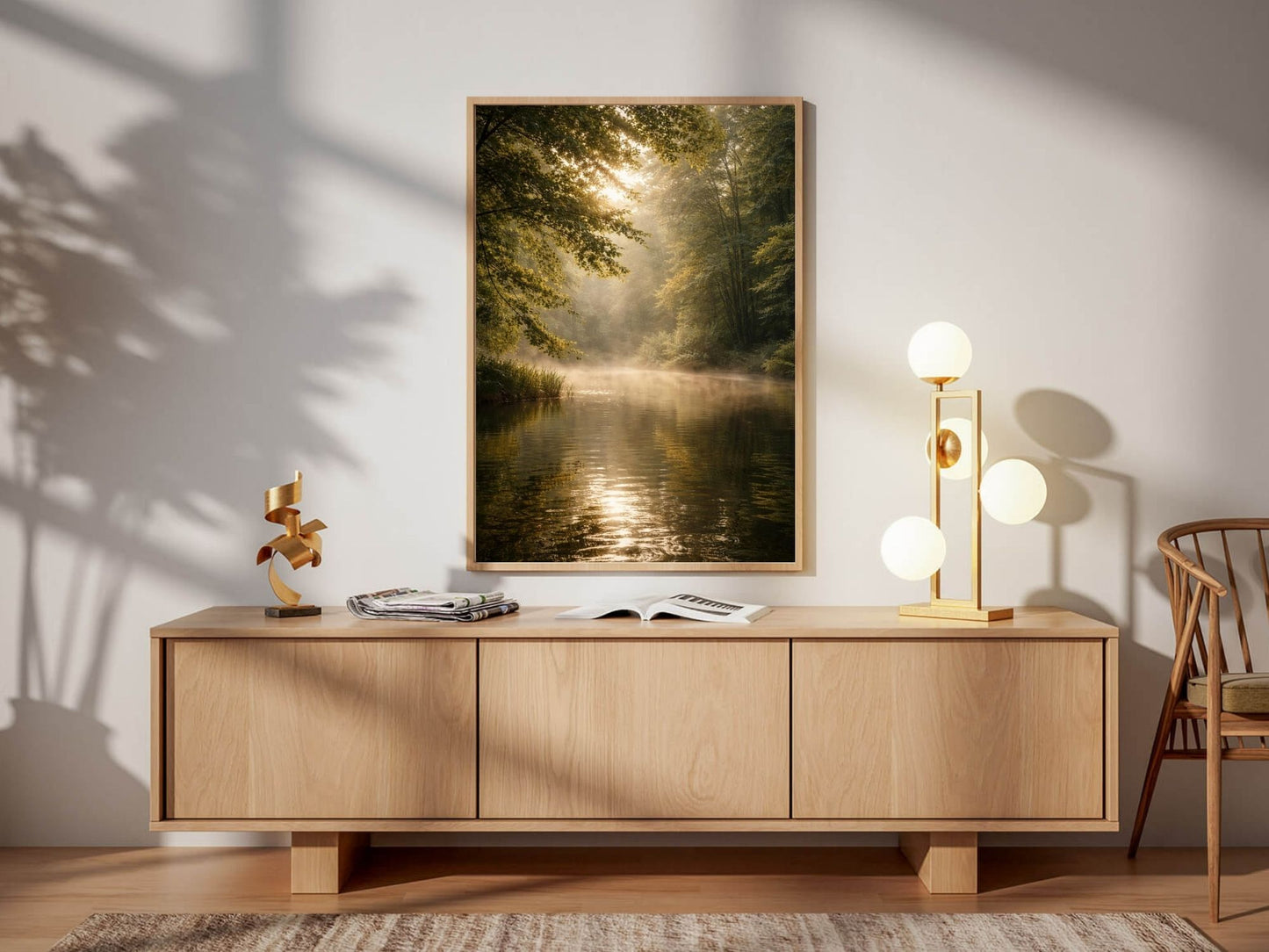 Golden Forest River  – Serene Minimalist Nature Wall Art