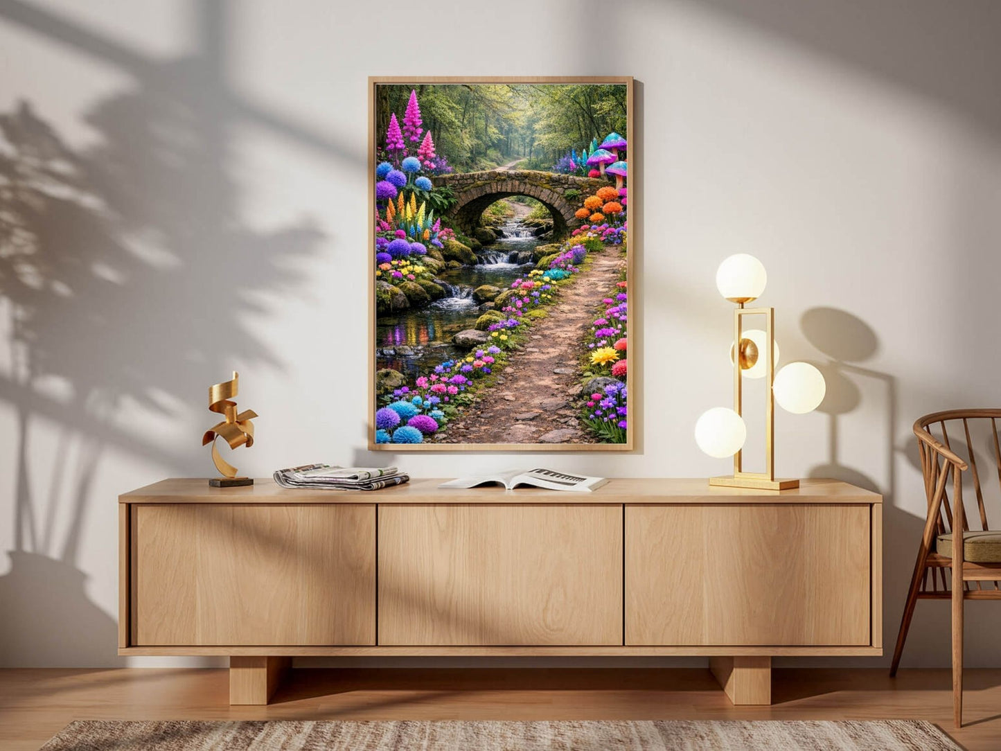 Enchanted Forest Path – Whimsical Fantasy Wall Art, Colorful Garden Bridge Fine Art