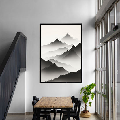 Misty Mountain Horizon Fine Art Poster – Japanese Sumi-E Style, Vivid Giclée Print